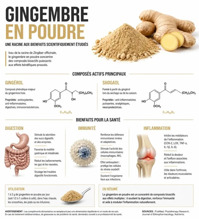 Infographie des bienfaits santé du gingembre en poudre : digestion, immunité et propriétés anti-inflammatoires.