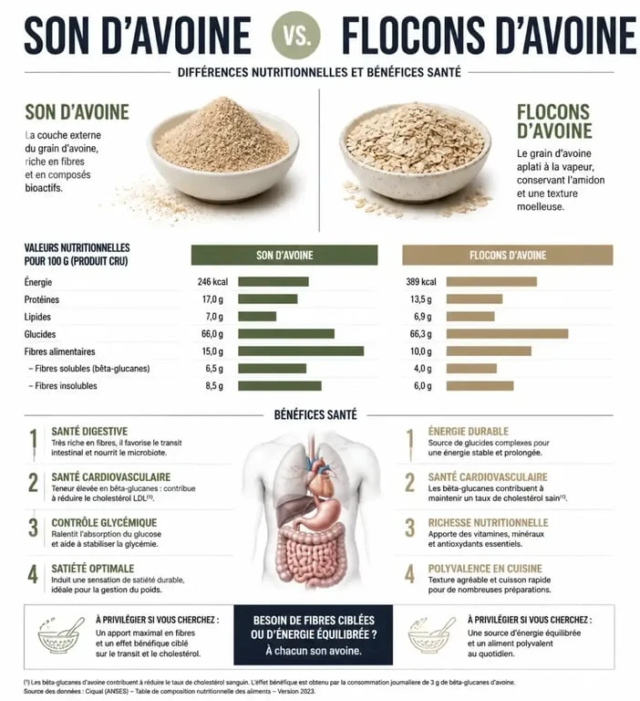 Infographie comparative des bienfaits et différences nutritionnelles entre le son d'avoine et les flocons d'avoine