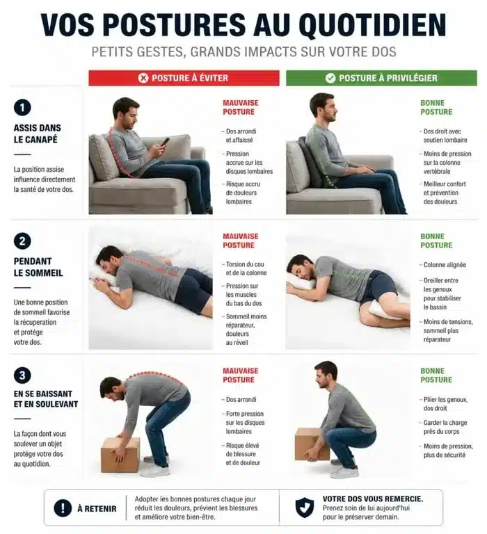 Infographie illustrant les positions à éviter et les alternatives recommandées pour soulager la sciatique au quotidien.