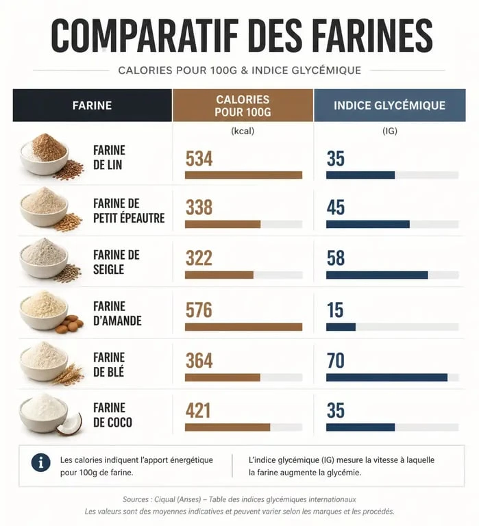 Infographie comparative des calories et de l'indice glycémique des différentes farines pour choisir la farine la moins calorique.