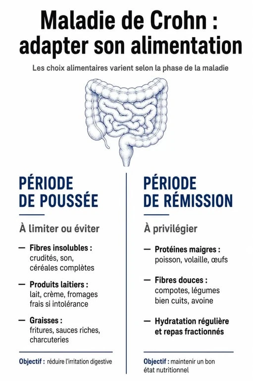 Infographie sur les aliments à éviter en cas de maladie de Crohn selon la phase de la maladie