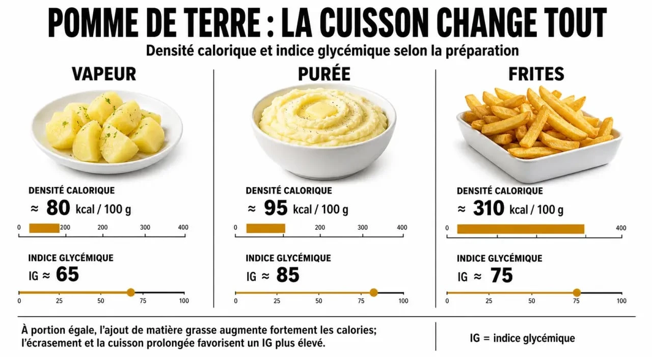 Infographie sur l'impact du mode de cuisson des pommes de terre sur la prise de poids et l'indice glycémique