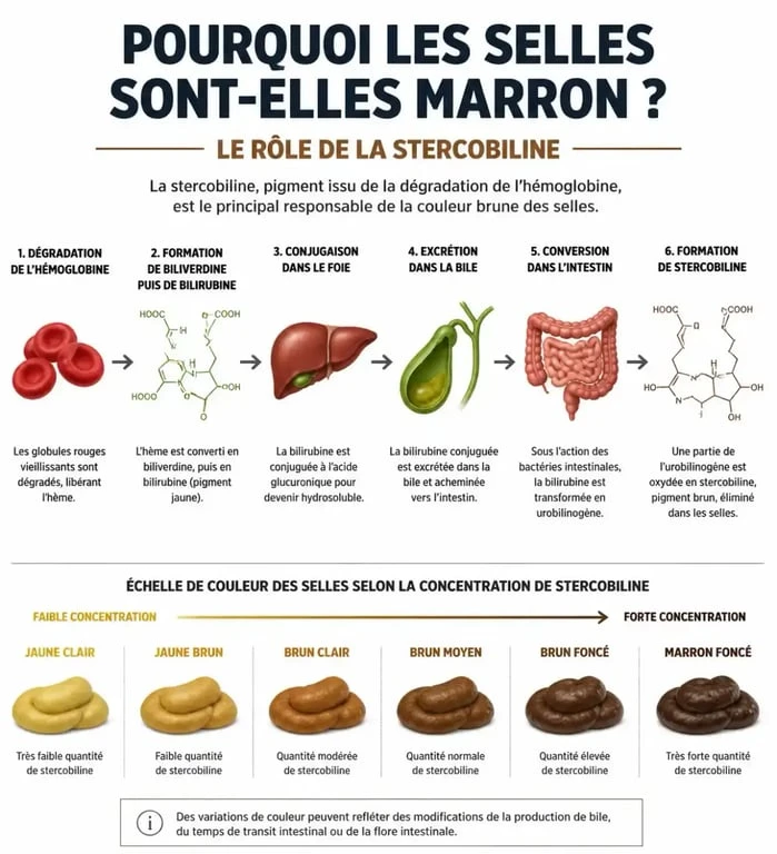 Infographie explicative sur la couleur des selles marron clair et le processus de digestion