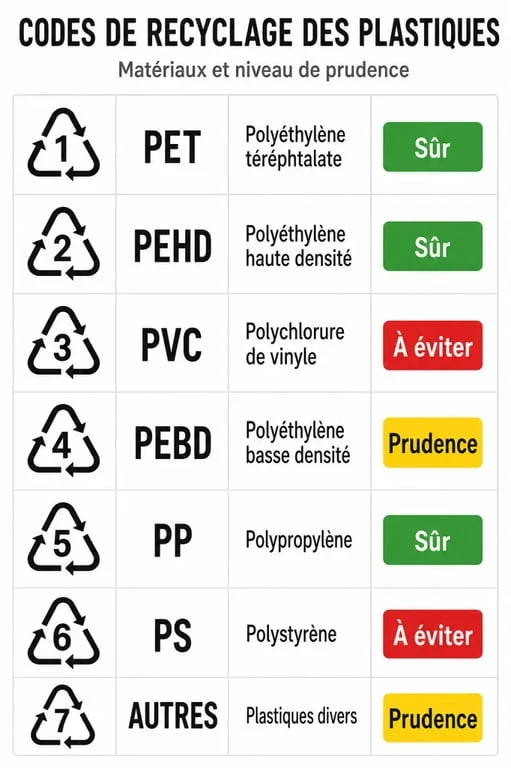 Infographie des codes de recyclage des plastiques et sécurité BPA free