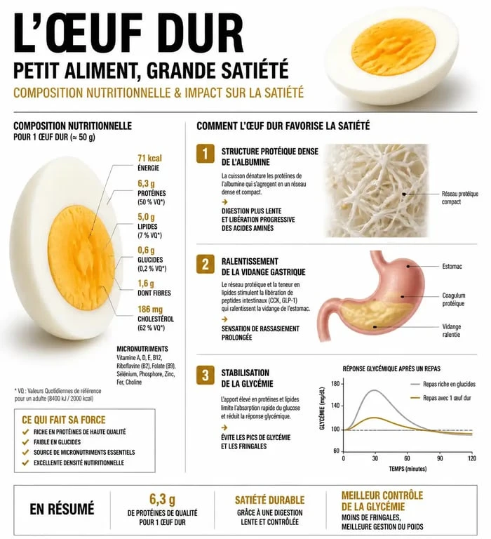 Infographie sur les bienfaits nutritionnels et l'effet rassasiant de l'œuf dur dans le cadre d'un régime