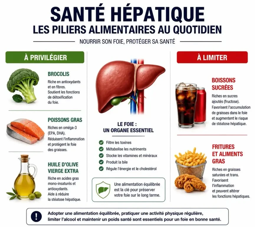 Infographie sur les recommandations alimentaires pour un kyste au foie et la santé hépatique