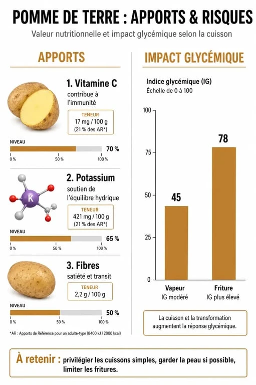 Infographie sur les bienfaits et méfaits de la pomme de terre, apports nutritionnels et index glycémique.