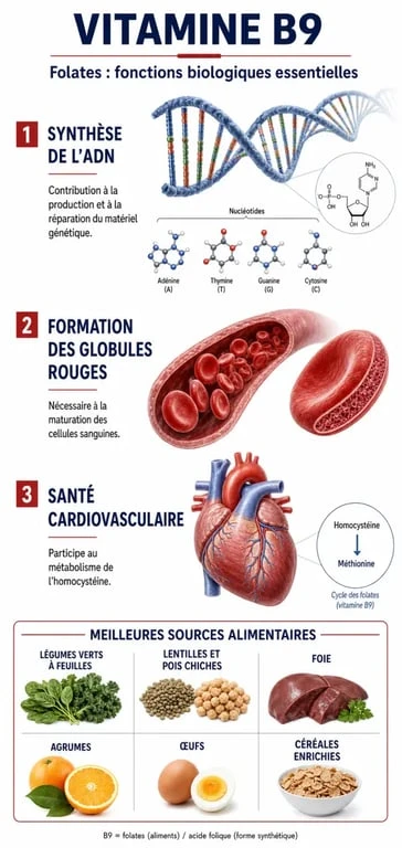 Infographie sur les bienfaits et sources de la vitamine B9 pour la santé