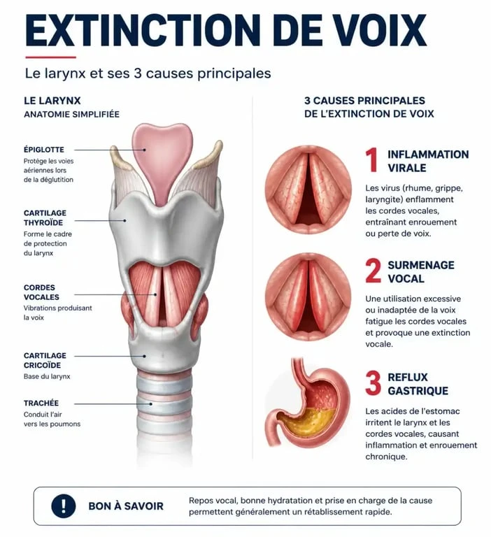 Infographie sur les causes de l'extinction de voix et l'anatomie du larynx