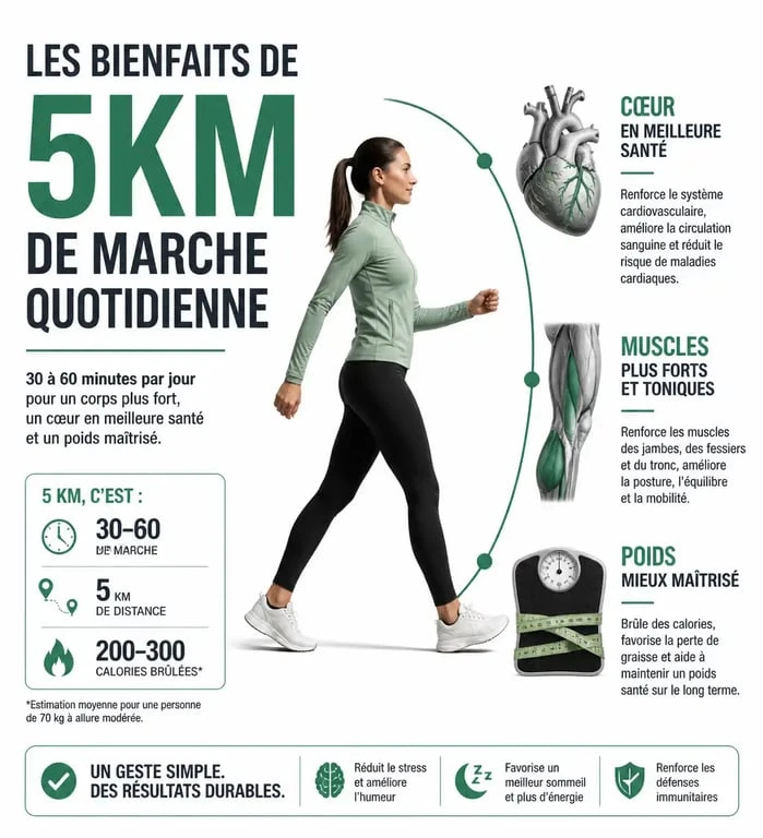 Infographie des bienfaits santé de marcher 5 km par jour pour la perte de poids et le cardio