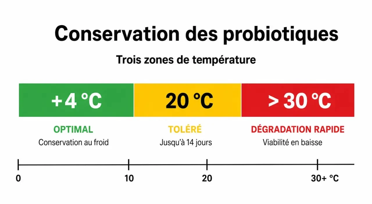 Infographie sur la conservation des probiotiques Ergyphilus Intima : impact de la température sur la viabilité des bactéries