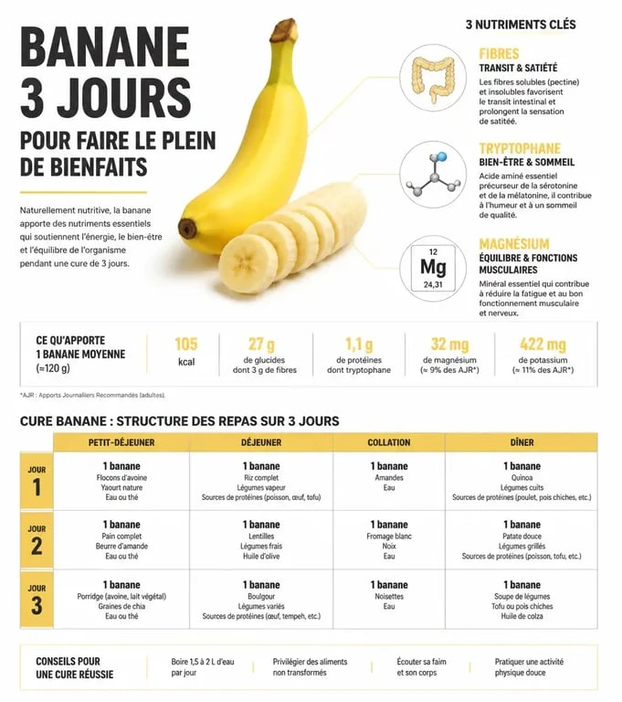 Infographie des bienfaits nutritionnels et du protocole du régime banane 3 jours pour la perte de poids