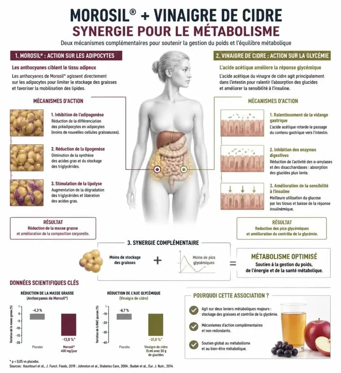 Infographie expliquant l'efficacité du Morosil et vinaigre de cidre pour la perte de poids et la gestion de la graisse abdominale