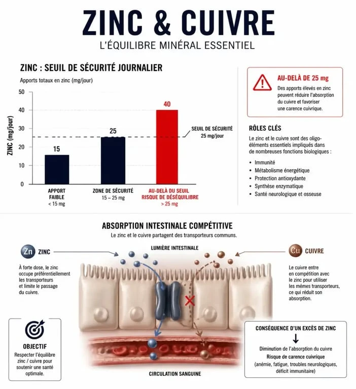 Infographie sur les risques d'une supplémentation de 30 mg de zinc par jour et l'importance de l'équilibre avec le cuivre