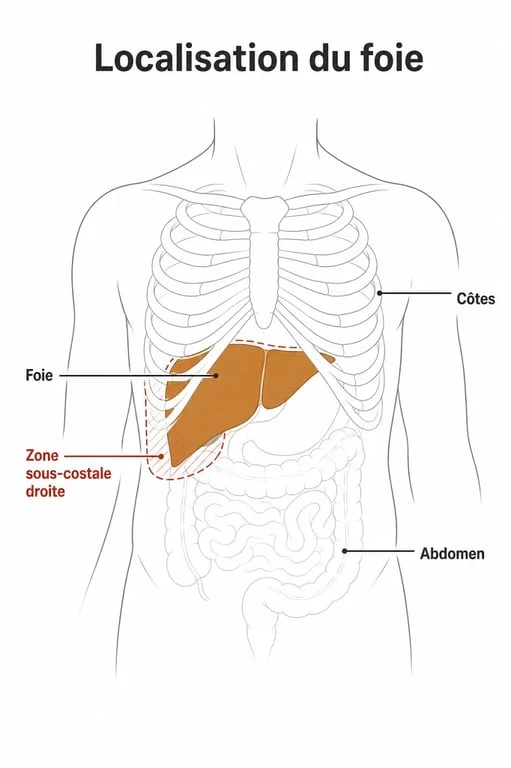 Schéma anatomique montrant la localisation du foie et la zone de douleur côté droit
