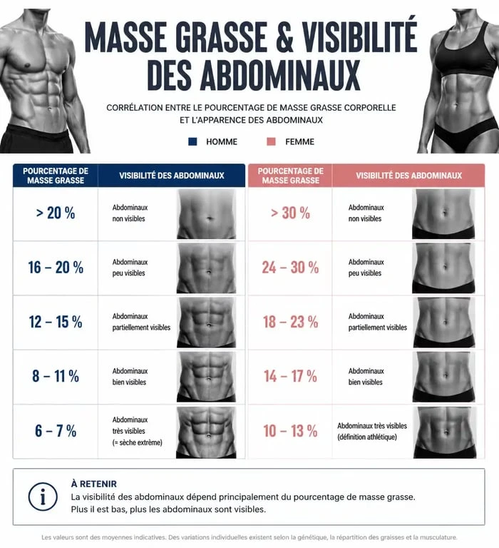 Infographie montrant le pourcentage de masse grasse nécessaire pour avoir des abdos visibles