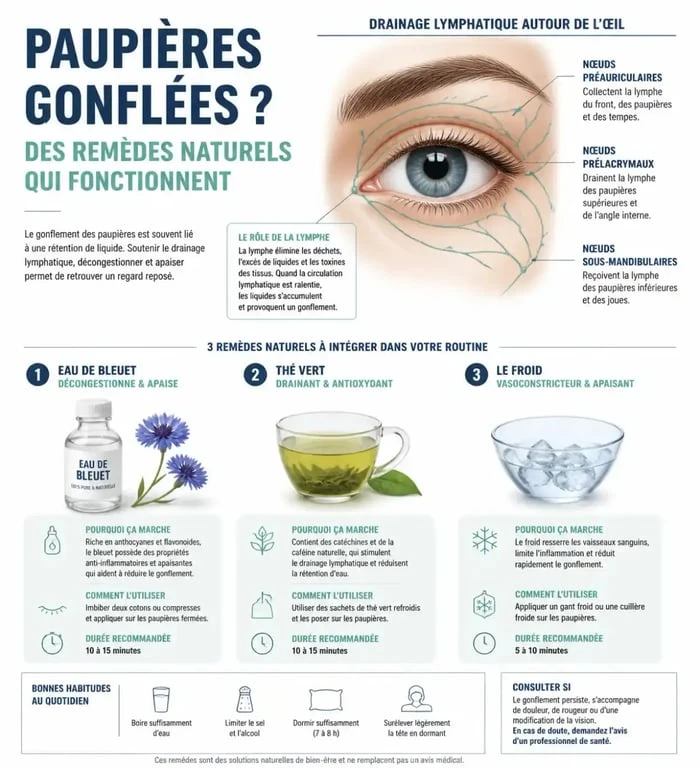 Infographie sur les remèdes de grand-mère pour soulager une paupière gonflée naturellement