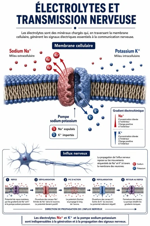 Schéma explicatif du fonctionnement des électrolytes dans le corps humain et la transmission nerveuse