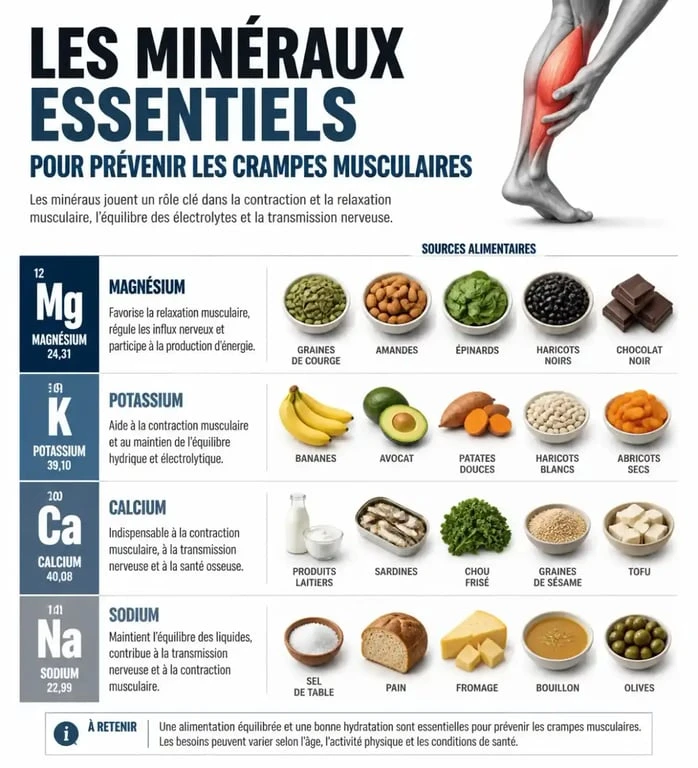 Infographie des minéraux essentiels pour éviter les crampes musculaires