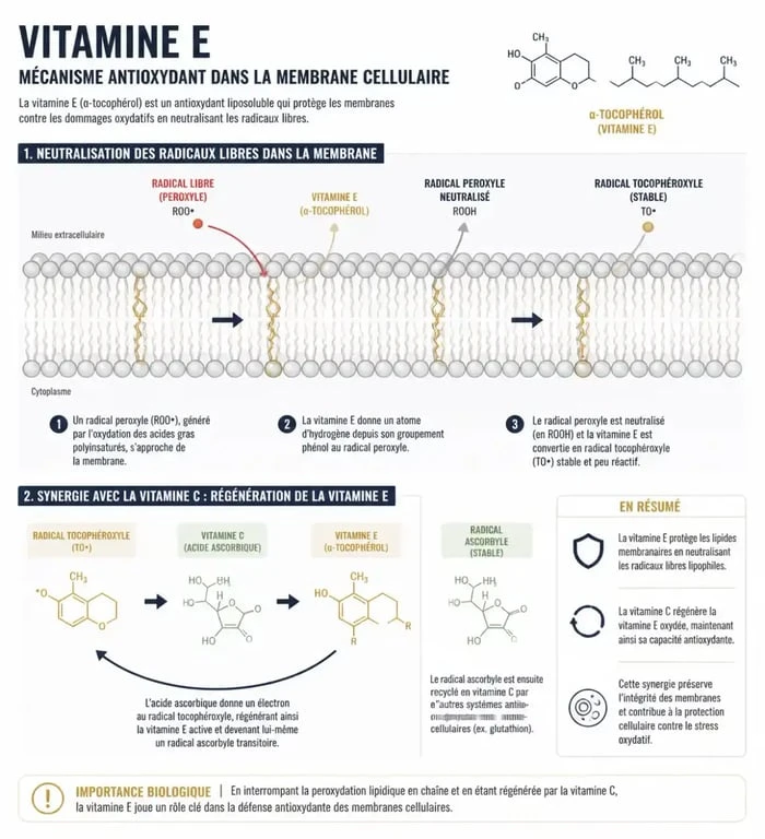 Infographie expliquant le rôle antioxydant de la vitamine E et ses bienfaits pour la santé