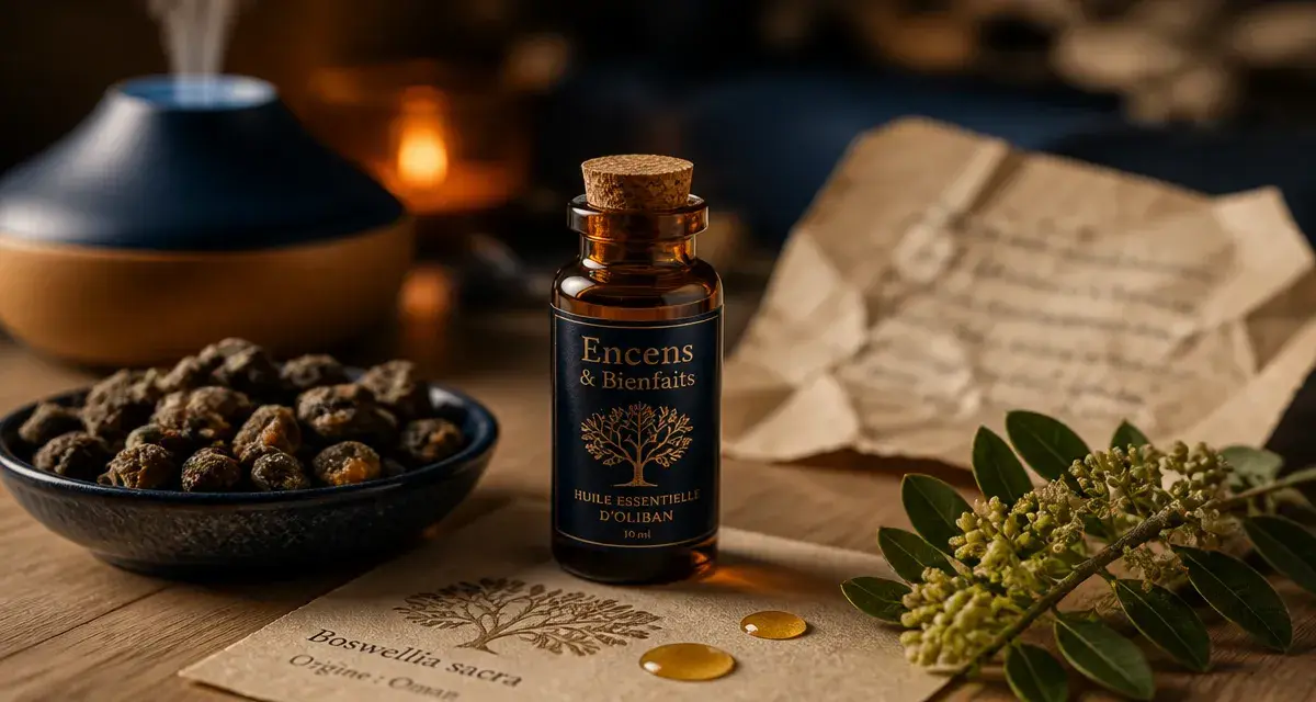 Huile essentielle encens bienfaits : flacon d’oliban en verre ambré