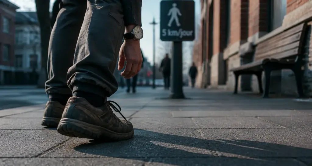 Marcher 5 km par jour : chaussures de marche sur trottoir urbain, petit matin