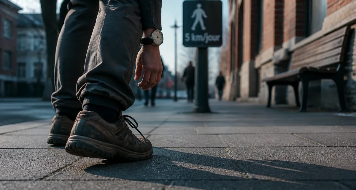 Marcher 5 km par jour : chaussures de marche sur trottoir urbain, petit matin