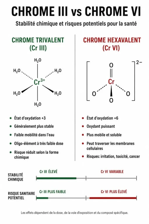 Infographie sur les risques du picolinate de chrome et la différence entre chrome III et chrome VI