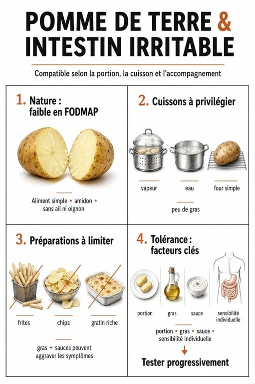 Pomme de terre et intestin irritable : infographie sur la tolérance, les cuissons adaptées et les formes à éviter