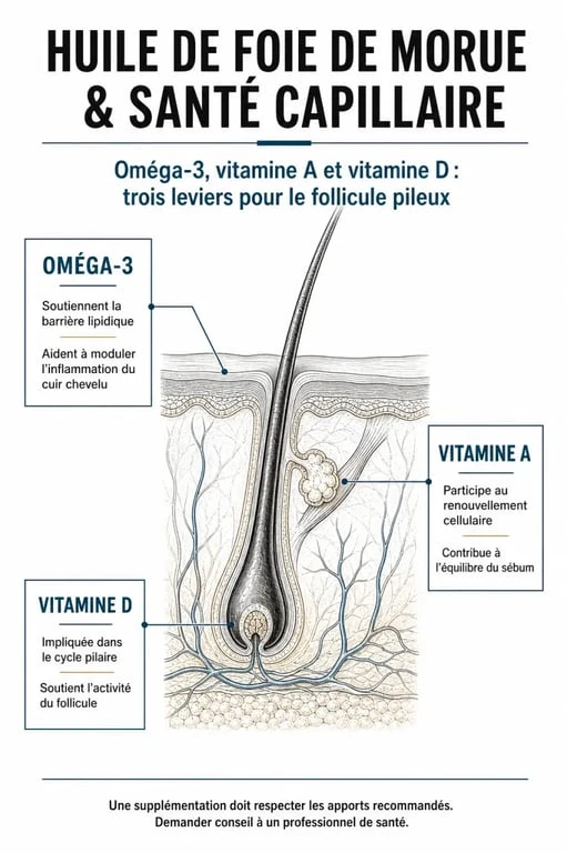 Infographie sur les bienfaits de l'huile de foie de morue pour les cheveux et la santé du cuir chevelu