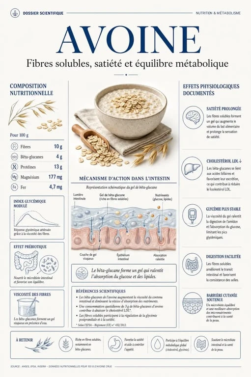 Infographie sur les bienfaits de l'avoine : composition, bêta-glucane, cholestérol, glycémie et satiété
