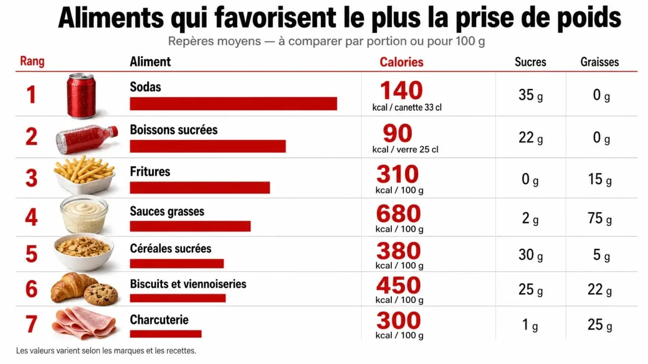 Les pires aliments qui font grossir : infographie comparative des catégories les plus caloriques et des alternatives plus légères