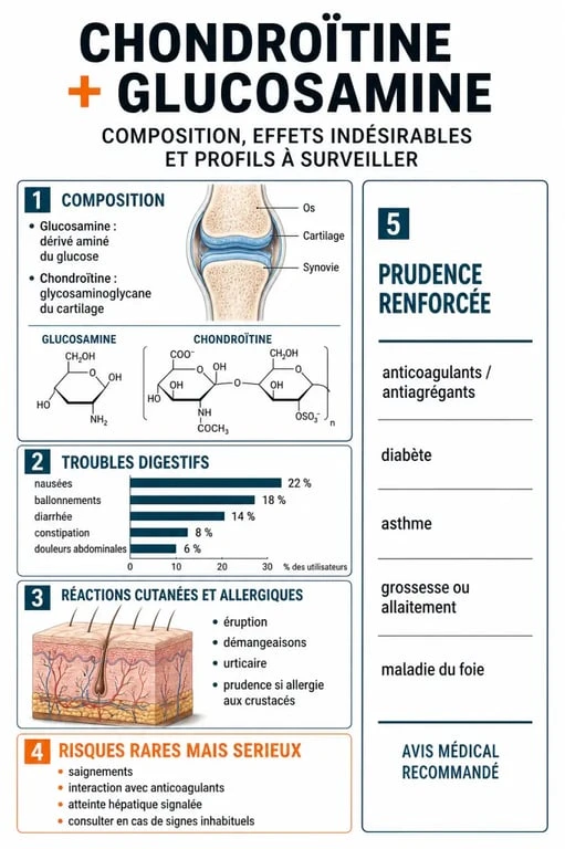 Infographie sur les chondroitine glucosamine effets secondaires, avec symptômes digestifs, réactions allergiques et profils à risque