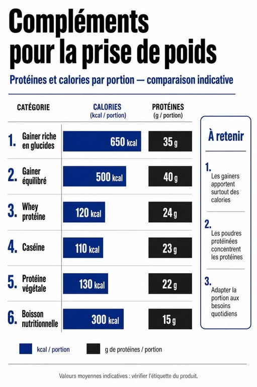 Infographie comparative des protéines et calories des compléments alimentaires pour grossir disponibles en pharmacie