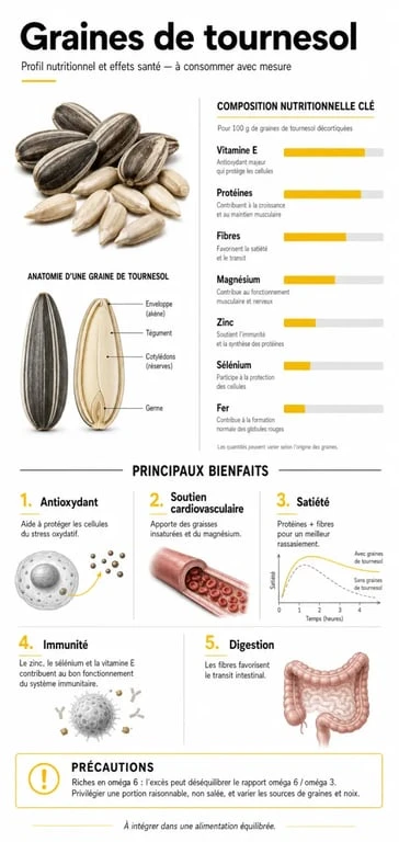 Infographie sur les graines de tournesol : bienfaits, apports nutritionnels et précautions
