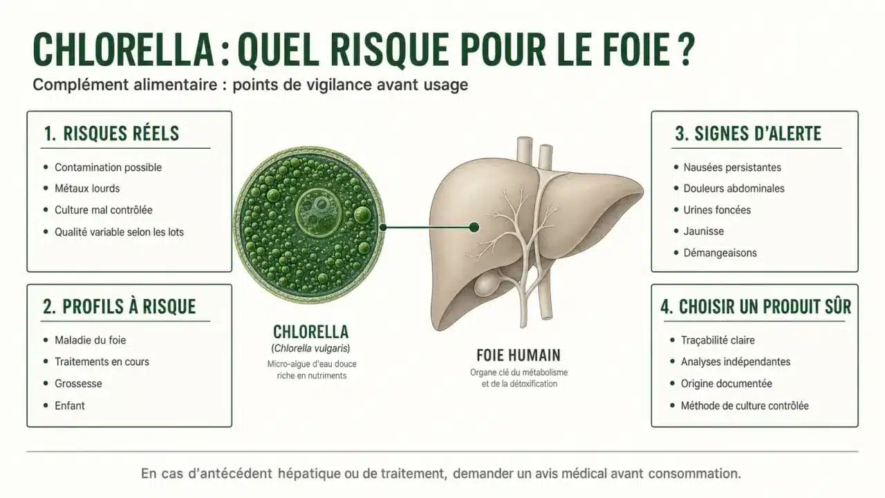 Infographie sur le chlorella danger pour le foie : risques, signes d’alerte et critères de sécurité