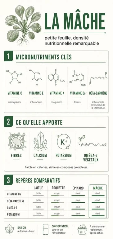 Infographie sur le bienfait de la mache, ses vitamines, ses minéraux et sa comparaison avec d’autres salades