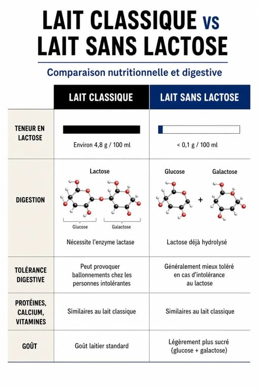 Infographie comparative des propriétés nutritionnelles et de la digestibilité entre le lait classique et le lait sans lactose