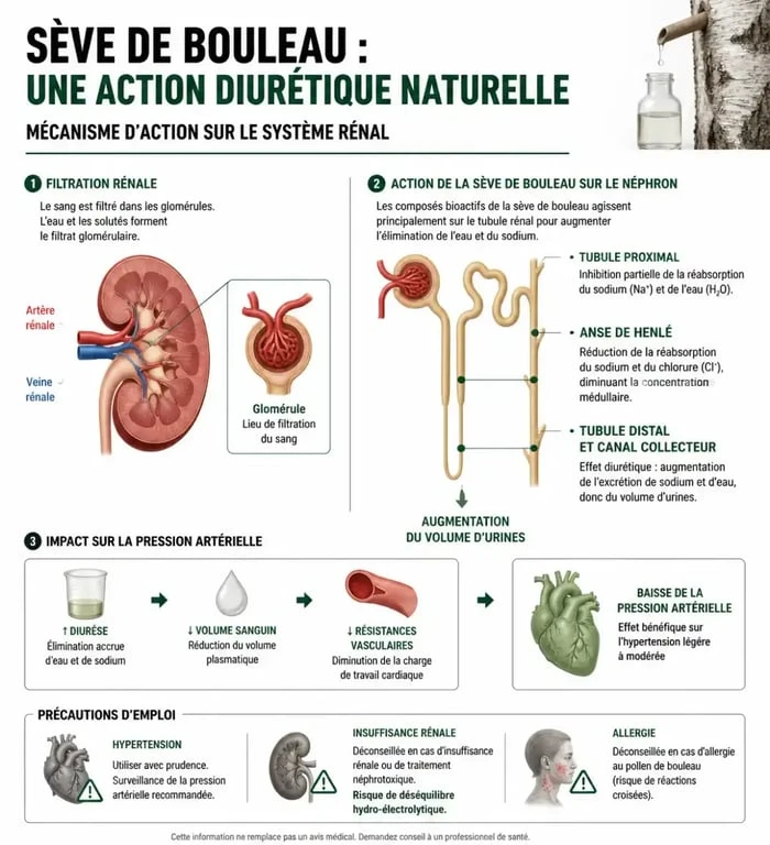 Infographie sur les effets et précautions de la sève de bouleau pour les personnes souffrant d'hypertension