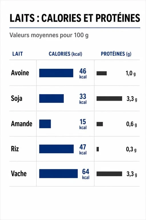 Comparatif nutritionnel des laits végétaux et animaux pour la perte de poids : calories et protéines pour 100g