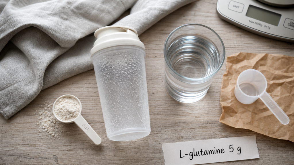 L glutamine en poudre en cuillère doseuse et eau fraîche