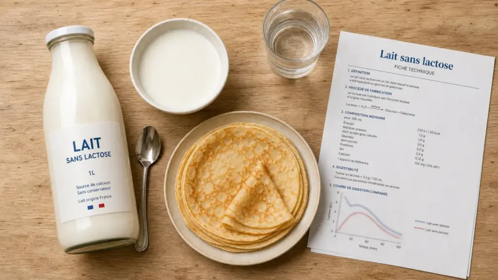 Lait sans lactose c est quoi : bouteille et bol sur table, crêpes