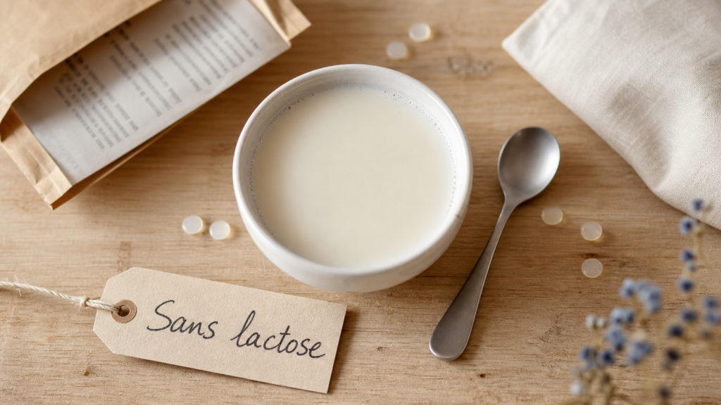 Lait sans lactose danger : bol et étiquette sans lactose sur table