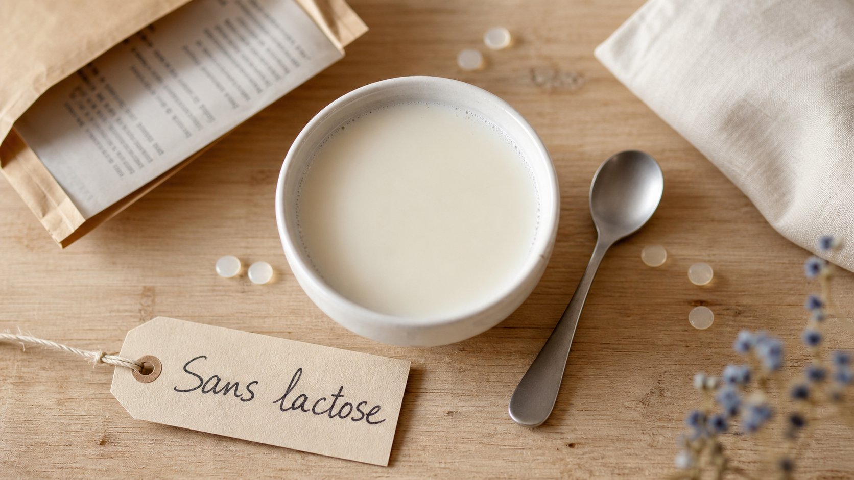 Lait sans lactose danger : bol et étiquette sans lactose sur table