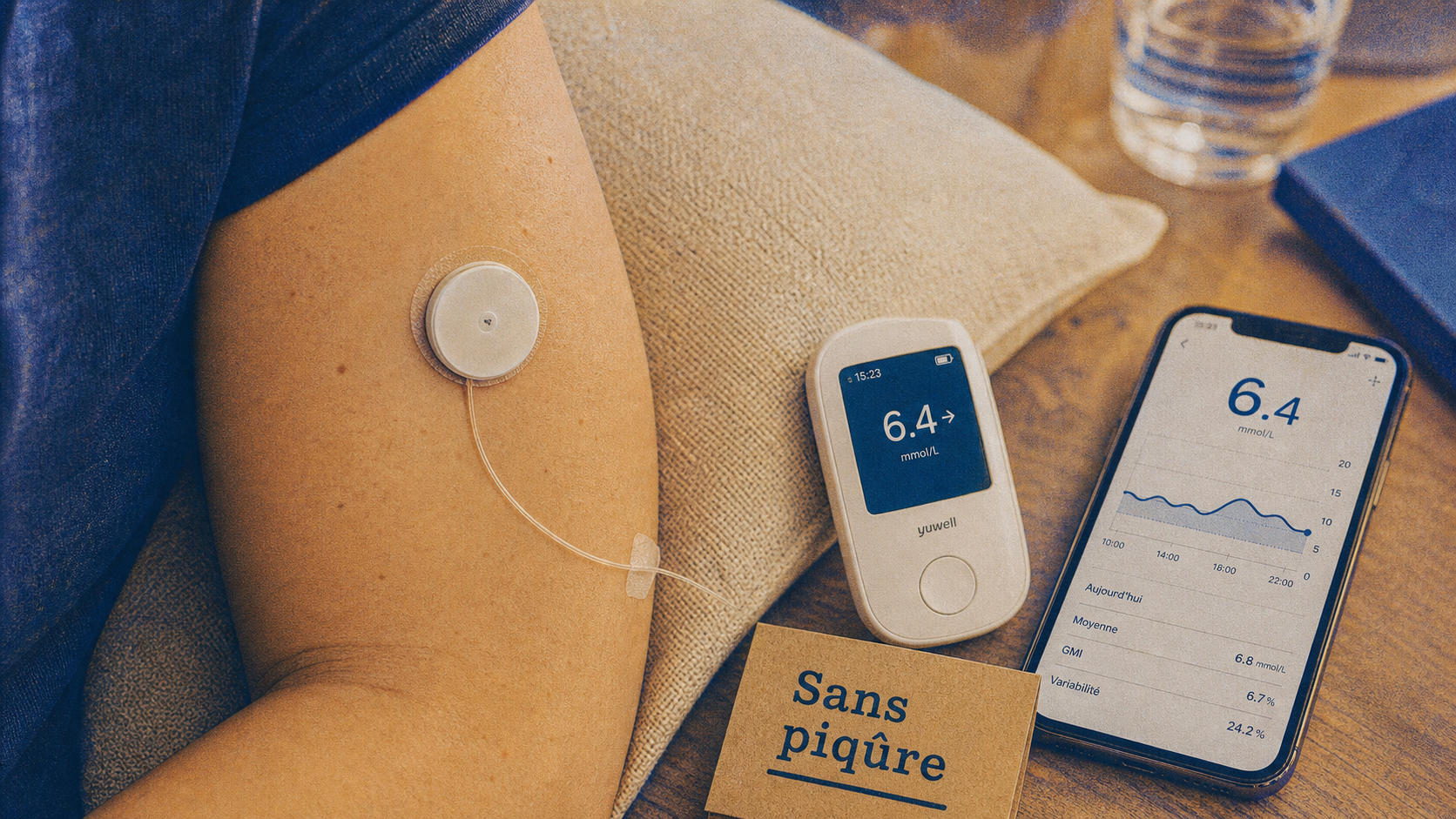 Lecteur de glycémie sans piqure : capteur interstitiel sur le bras, sans piqûre