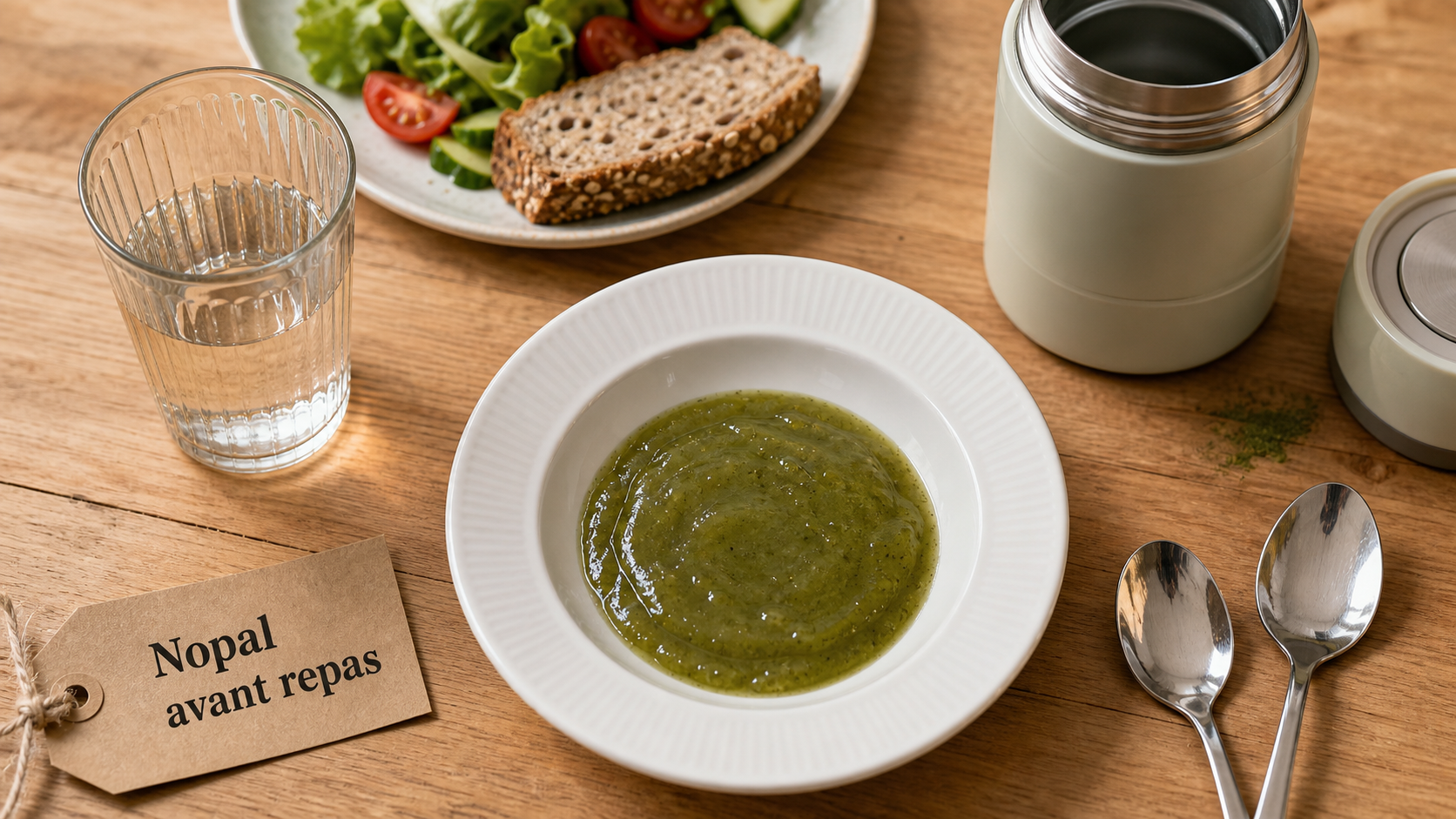 Nopal avant ou apres le repas : verre d’eau et poudre de nopal