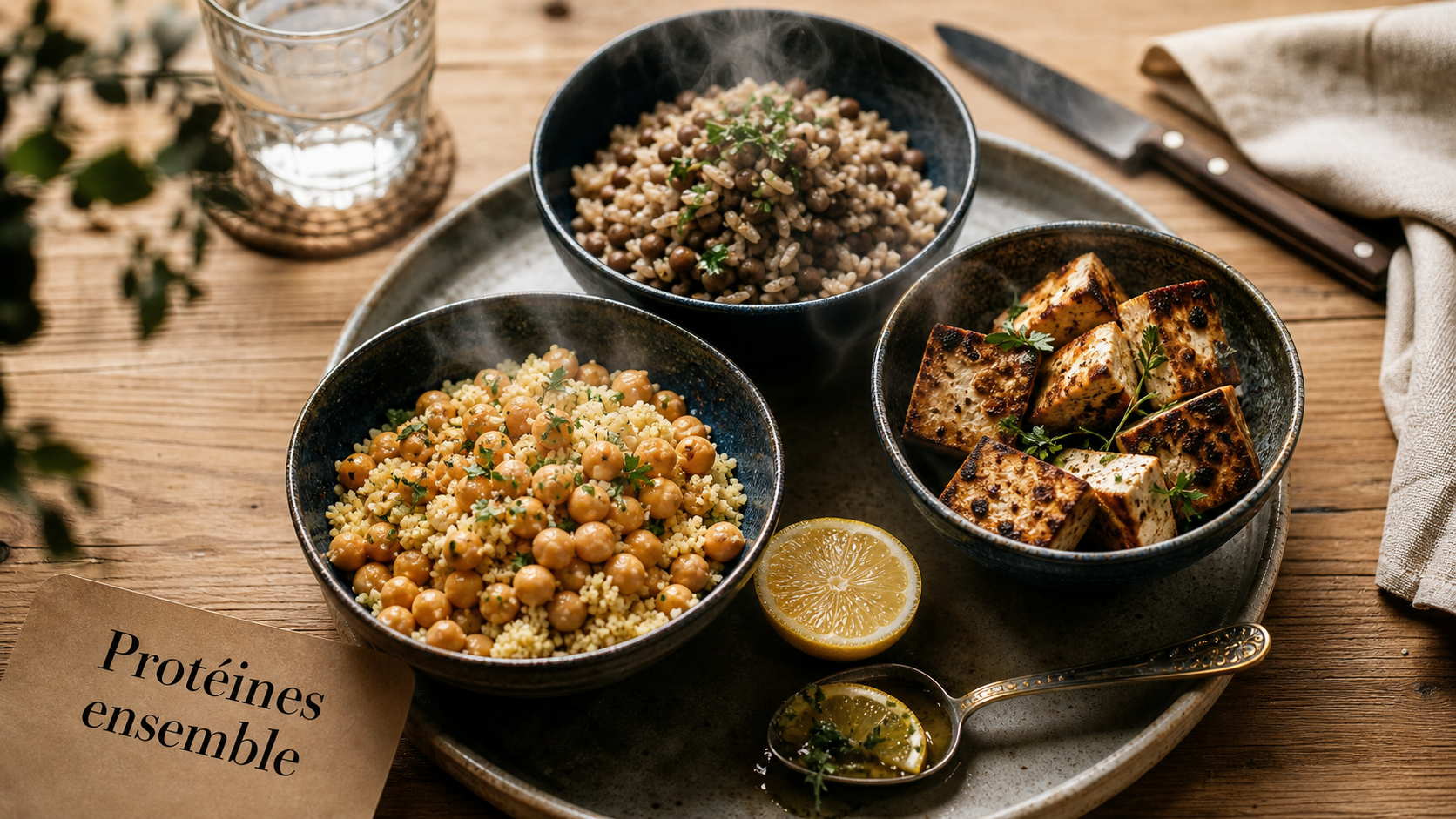 Protéines vegetales ou animales : assiette de lentilles, pois chiches et tofu