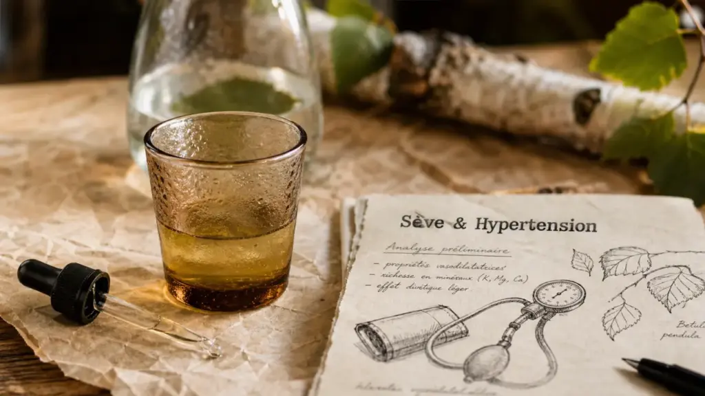 Seve de bouleau et hypertension : verre de sève, feuille et tensiomètre sur table