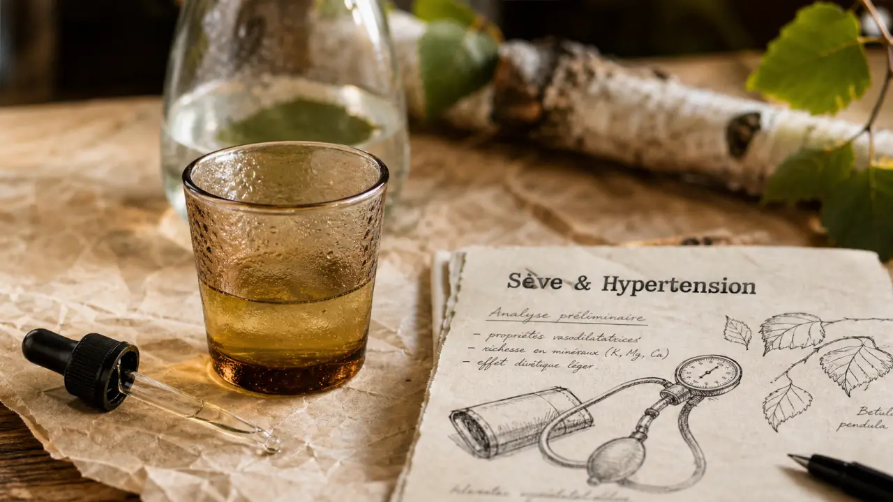 Seve de bouleau et hypertension : verre de sève, feuille et tensiomètre sur table