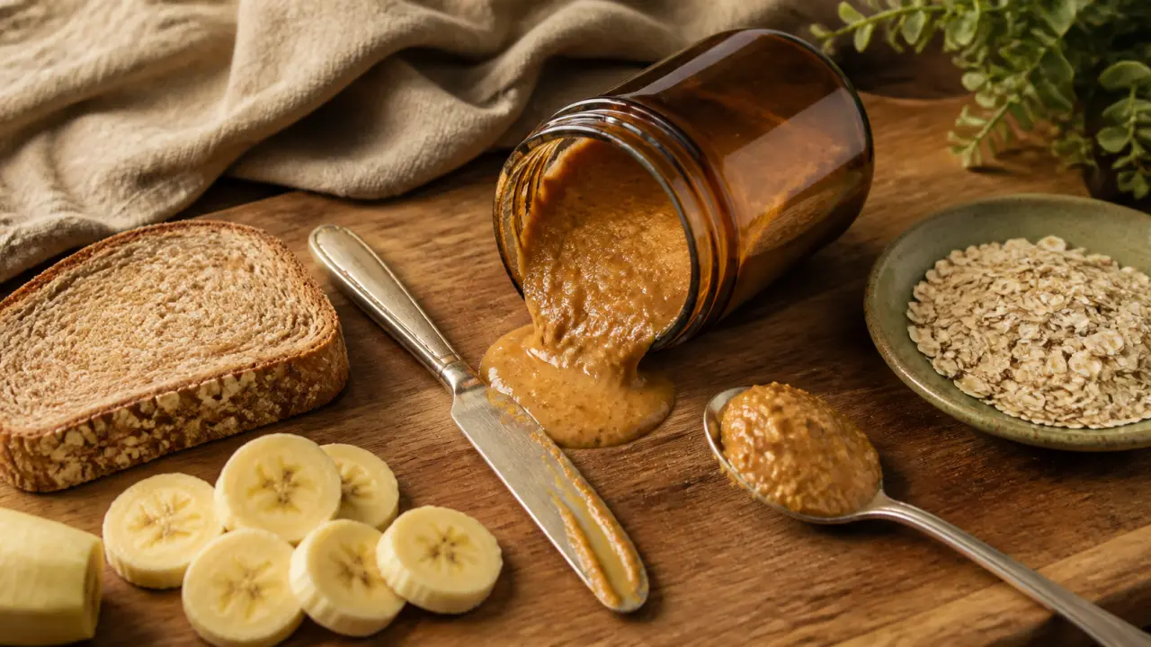 Beurre de cacahuète bienfaits, portion juste et 100% cacahuètes sur pain complet